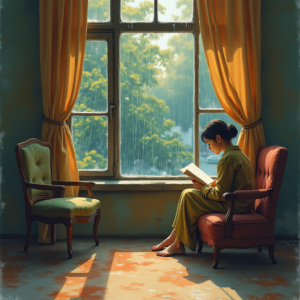 Retro — Nostalgic Figure Reading By A Rain-streaked Illustration Styles #0128 (Dreamina)