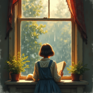 Retro — Nostalgic Figure Reading By A Rain-streaked Illustration Styles #0134 (ChatGPT)