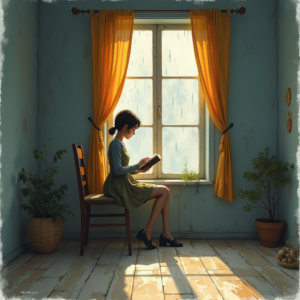 Retro — Nostalgic Figure Reading By A Rain-streaked Illustration Styles #0164 (Dreamina)