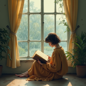 Retro — Nostalgic Figure Reading By A Rain-streaked Illustration Styles #0170 (ChatGPT)