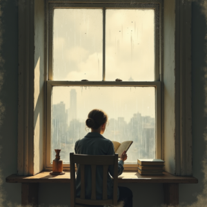 Retro — Nostalgic Figure Reading By A Rain-streaked Illustration Styles #0176 (Dreamina)