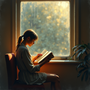 Retro — Nostalgic Figure Reading By A Rain-streaked Illustration Styles #0182 (ChatGPT)