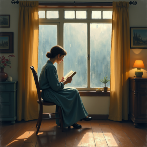 Retro — Nostalgic Figure Reading By A Rain-streaked Illustration Styles #0200 (Dreamina)