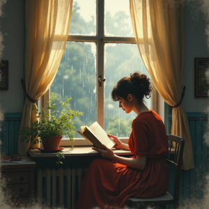Retro — Nostalgic Figure Reading By A Rain-streaked Illustration Styles #0206 (ChatGPT)