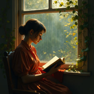 Retro — Nostalgic Figure Reading By A Rain-streaked Illustration Styles #0224 (Dreamina)