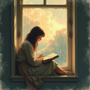 Retro — Nostalgic Figure Reading By A Rain-streaked Illustration Styles #0228 (Krea)