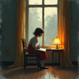 Retro — Nostalgic Figure Reading By A Rain-streaked Illustration Styles #0234 (Leonardo)