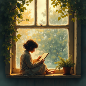 Retro — Nostalgic Figure Reading By A Rain-streaked Illustration Styles #0240 (Krea)