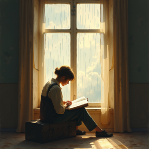 Retro — Nostalgic Figure Reading By A Rain-streaked Illustration Styles #0246 (Leonardo)