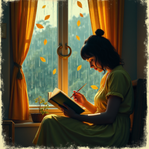 Retro — Nostalgic Figure Reading By A Rain-streaked Illustration Styles #0258 (Leonardo)