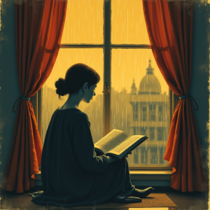 Retro — Nostalgic Figure Reading By A Rain-streaked Illustration Styles #0264 (Krea)