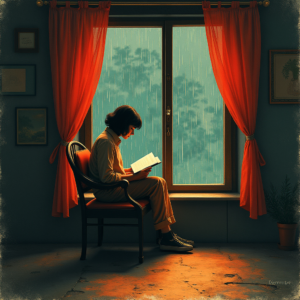 Retro — Nostalgic Figure Reading By A Rain-streaked Illustration Styles #0270 (Leonardo)
