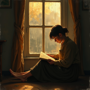 Retro — Nostalgic Figure Reading By A Rain-streaked Illustration Styles #0288 (Krea)