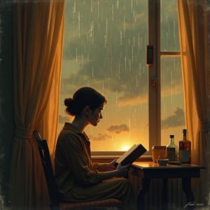 Retro — Nostalgic Figure Reading By A Rain-streaked Illustration Styles #0300 (Krea)