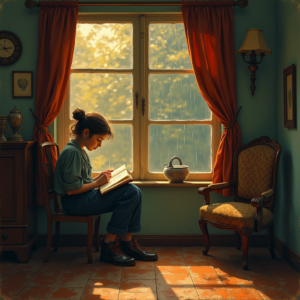 Retro — Nostalgic Figure Reading By A Rain-streaked Illustration Styles #0306 (Leonardo)