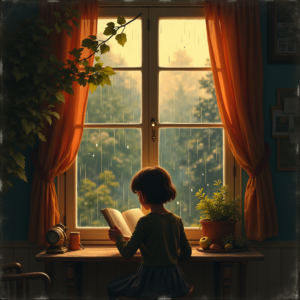 Retro — Nostalgic Figure Reading By A Rain-streaked Illustration Styles #0312 (Krea)