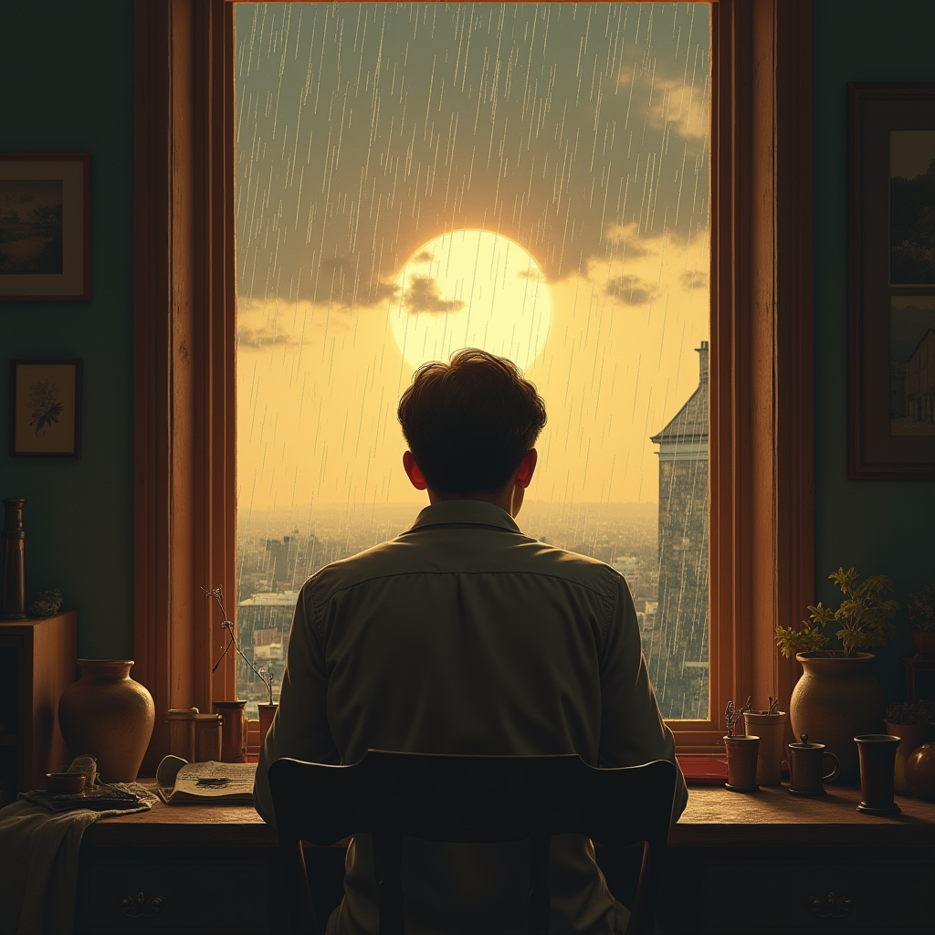 Retro — Nostalgic Figure Reading By A Rain-streaked Illustration Styles #0318 (Leonardo)