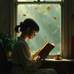 Retro — Nostalgic Figure Reading By A Rain-streaked Illustration Styles #0330 (Leonardo)