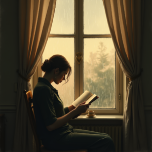 Retro — Nostalgic Figure Reading By A Rain-streaked Illustration Styles #0336 (Krea)