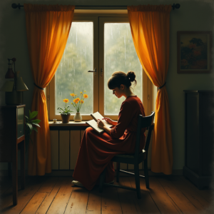 Retro — Nostalgic Figure Reading By A Rain-streaked Illustration Styles #0342 (Leonardo)