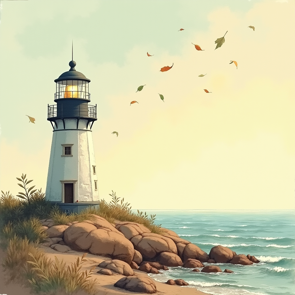 Retro — Quiet Coastal Lighthouse Against A Soft Illustration Styles #0010 (Stable Diffusion)