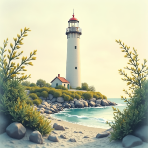 Retro — Quiet Coastal Lighthouse Against A Soft Illustration Styles #0064 (Recraft)