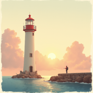 Retro — Quiet Coastal Lighthouse Against A Soft Illustration Styles #0124 (Recraft)