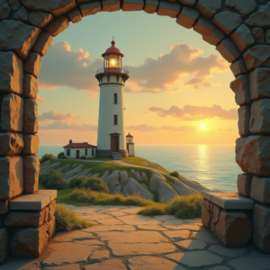 Retro — Quiet Coastal Lighthouse Against A Soft Illustration Styles #0220 (Recraft)