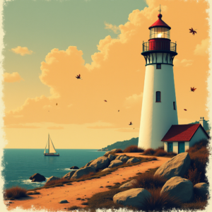 Retro — Quiet Coastal Lighthouse Against A Soft Illustration Styles #0260 (Dreamina)