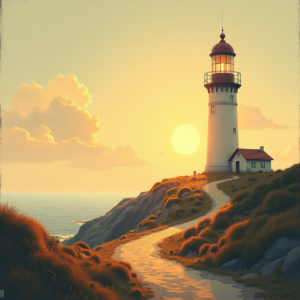 Retro — Quiet Coastal Lighthouse Against A Soft Illustration Styles #0308 (Dreamina)