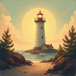 Retro — Quiet Coastal Lighthouse Against A Soft Illustration Styles #0314 (ChatGPT)