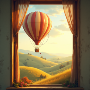 Retro — Whimsical Hot-air Balloon Drifting Over Rolling Illustration Styles #0003 (Firefly)