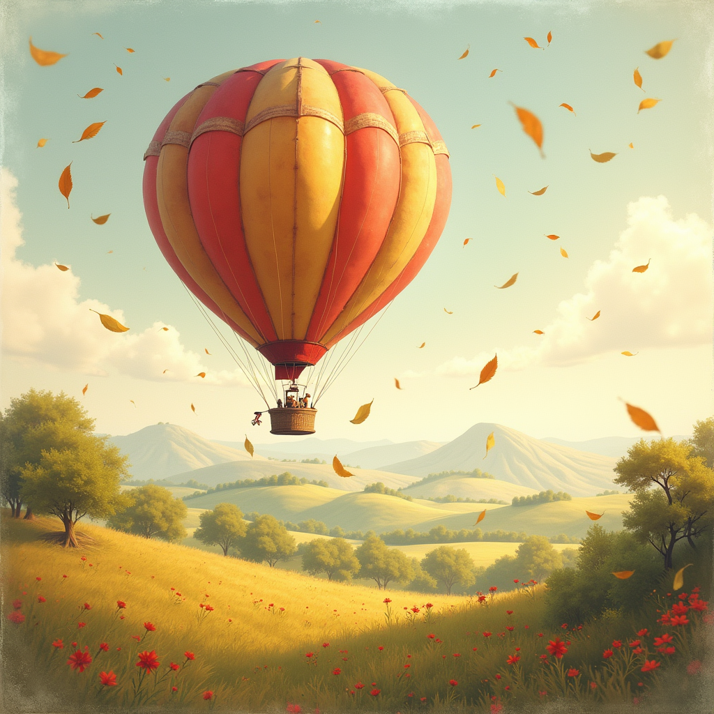 Retro — Whimsical Hot-air Balloon Drifting Over Rolling Illustration Styles #0009 (Midjourney)