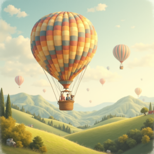 Retro — Whimsical Hot-air Balloon Drifting Over Rolling Illustration Styles #0015 (Firefly)