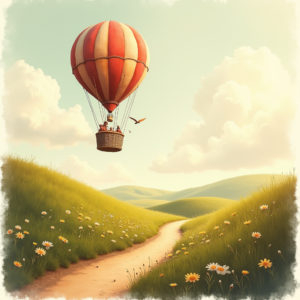Retro — Whimsical Hot-air Balloon Drifting Over Rolling Illustration Styles #0021 (Midjourney)