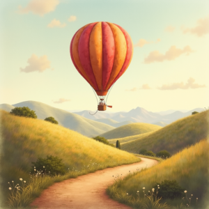 Retro — Whimsical Hot-air Balloon Drifting Over Rolling Illustration Styles #0057 (Midjourney)