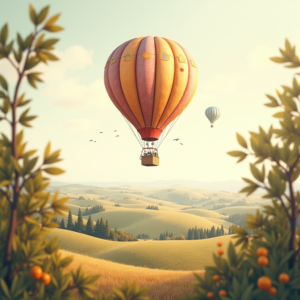 Retro — Whimsical Hot-air Balloon Drifting Over Rolling Illustration Styles #0063 (Firefly)