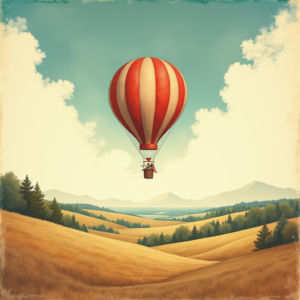 Retro — Whimsical Hot-air Balloon Drifting Over Rolling Illustration Styles #0105 (Midjourney)