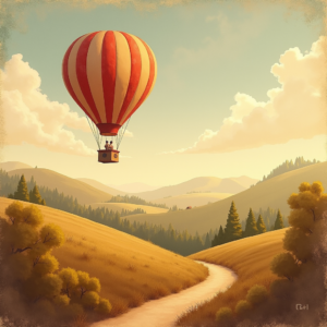 Retro — Whimsical Hot-air Balloon Drifting Over Rolling Illustration Styles #0129 (Midjourney)