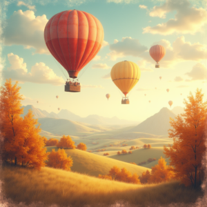 Retro — Whimsical Hot-air Balloon Drifting Over Rolling Illustration Styles #0135 (Firefly)