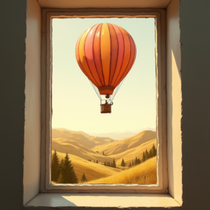 Retro — Whimsical Hot-air Balloon Drifting Over Rolling Illustration Styles #0147 (Firefly)