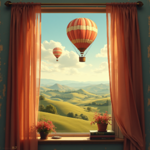 Retro — Whimsical Hot-air Balloon Drifting Over Rolling Illustration Styles #0183 (Firefly)