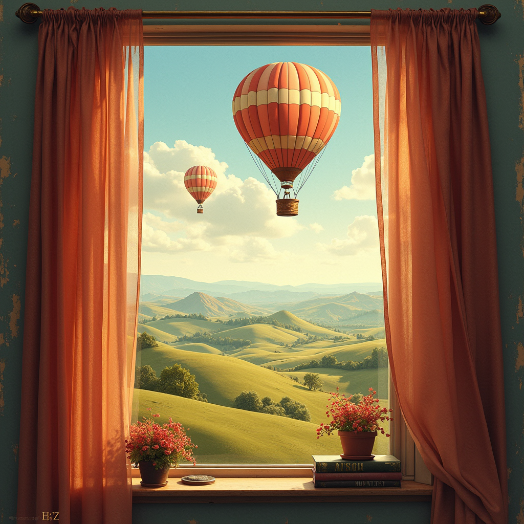 Retro — Whimsical Hot-air Balloon Drifting Over Rolling Illustration Styles #0183 (Firefly)