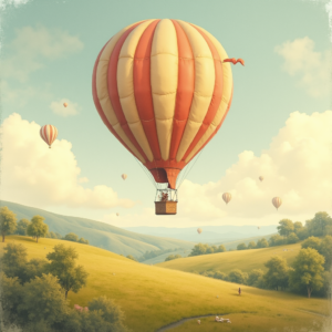 Retro — Whimsical Hot-air Balloon Drifting Over Rolling Illustration Styles #0195 (Firefly)
