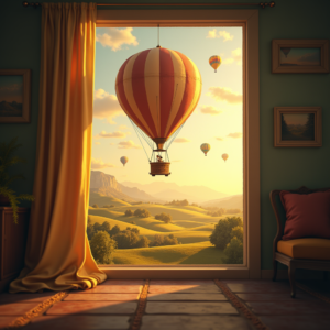 Retro — Whimsical Hot-air Balloon Drifting Over Rolling Illustration Styles #0219 (Firefly)