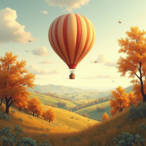 Retro — Whimsical Hot-air Balloon Drifting Over Rolling Illustration Styles #0241 (Gemini)