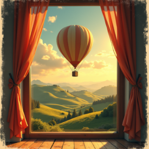 Retro — Whimsical Hot-air Balloon Drifting Over Rolling Illustration Styles #0253 (Gemini)