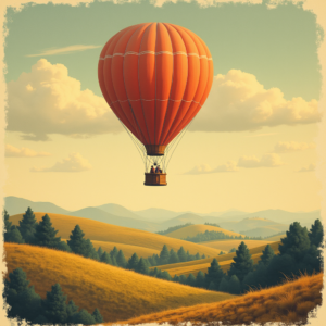 Retro — Whimsical Hot-air Balloon Drifting Over Rolling Illustration Styles #0265 (Gemini)