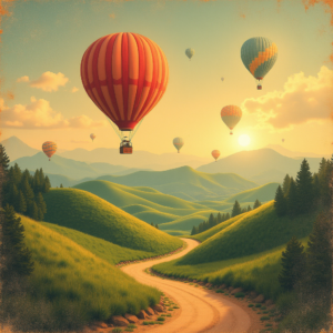 Retro — Whimsical Hot-air Balloon Drifting Over Rolling Illustration Styles #0271 (Seedream)
