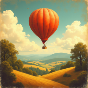 Retro — Whimsical Hot-air Balloon Drifting Over Rolling Illustration Styles #0277 (Gemini)
